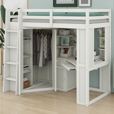 Lit mezzanine fonctionnel avec grande armoire, bureau et station de charge