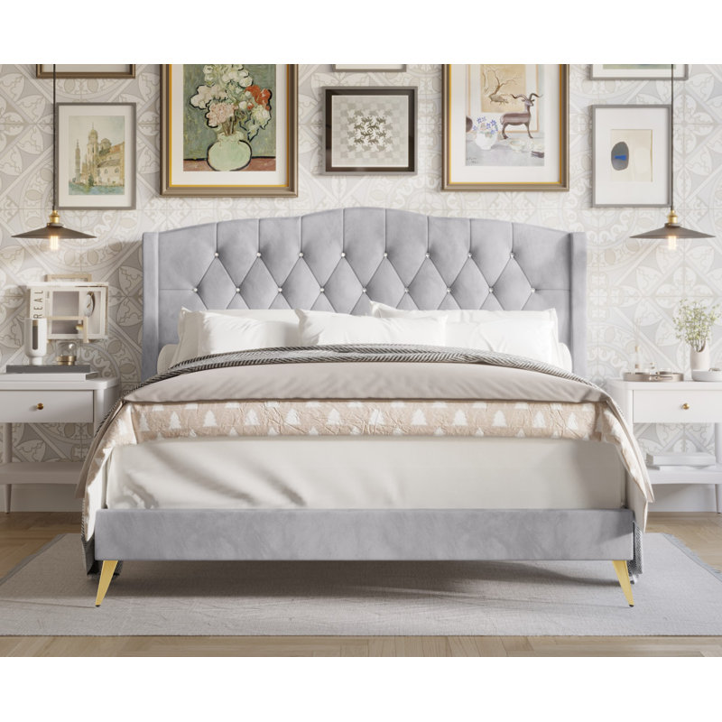 Lit plateforme tapissier Dwaylon, Gris argenté, Grand