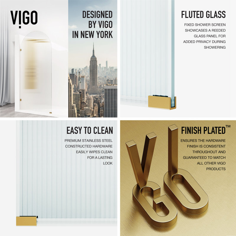 Arden 34" W x 78" H Frameless Fixed Shower Screen with 3/8" Glass, Matte Brushed Gold Fluted