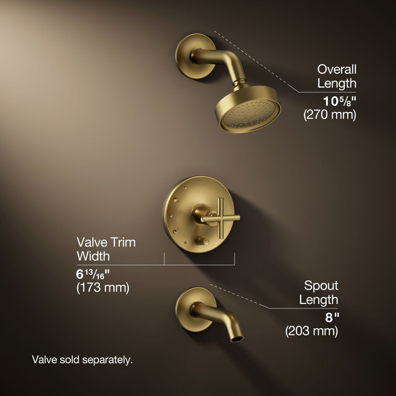 Purist Pressure-Balancing Thermostatic Tub and Shower Faucet, Cross Handle, Vibrant Brushed Moderne Brass, 2.5 GPM