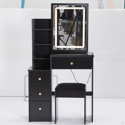 Petite coiffeuse de 29,2 po avec tabouret de chevet gauche + grand tabouret rembourré, commande tactile, interrupteur tricolore, miroir à luminosité réglable, rangement à grande capacité, convient aux petits espaces