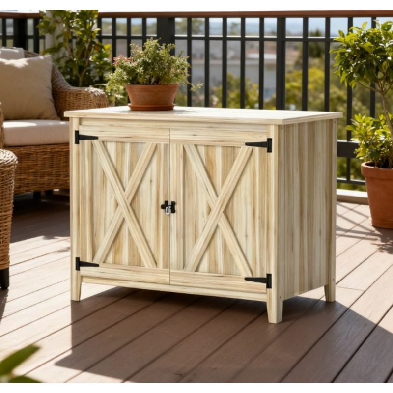 Outdoor Wooden Storage Cabinet With Shelf And Double Doors, Natural Wood