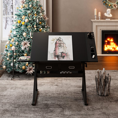 Drawing Desk For Home, Adjustable Tilt 0 - 75, 2 Large Size Drawers, Metal Storage Pens, Table Legs Uneven Surfaces, Stool With 150kg Capacity, Height 68cm 91cm, 39.68in Depth, 23.89in Width, 47lb