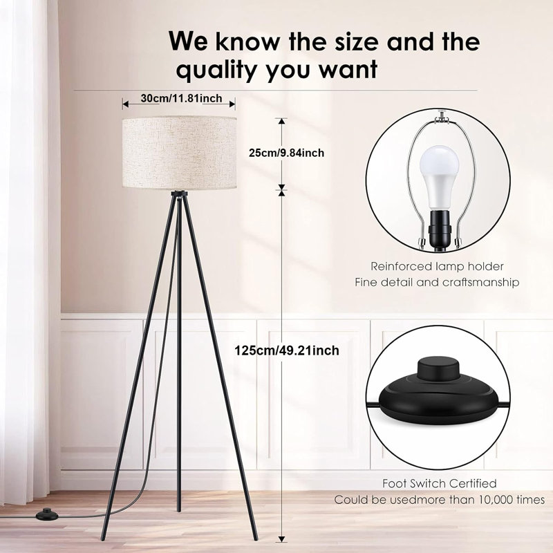 Modern Tripod Floor Lamp Flaxen Lamp Shade Standing Lamp with 3 Color Temperature Light Bulb