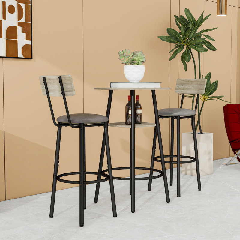 Round Bar Stool Set with Shelf and Upholstered Stools, Gray