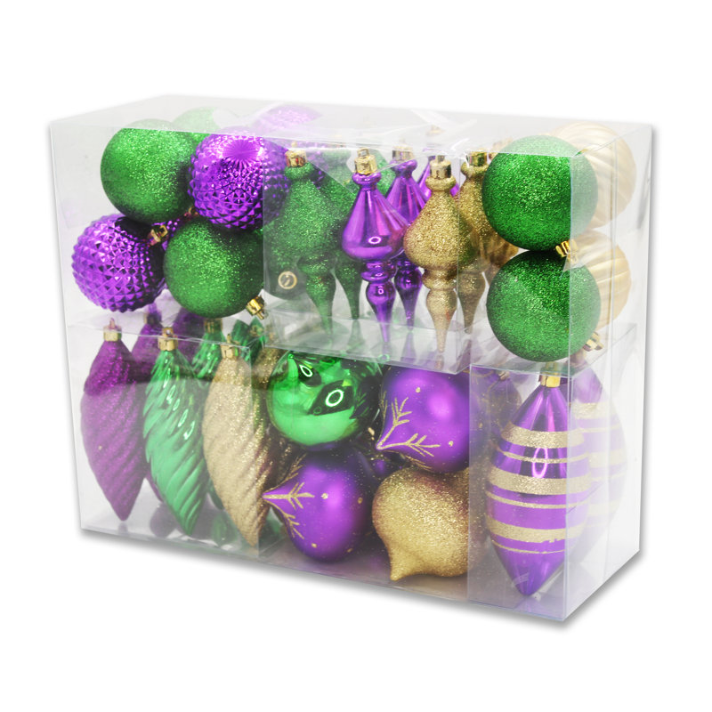 Festive Green, Gold, and Purple Plastic Ornament Set