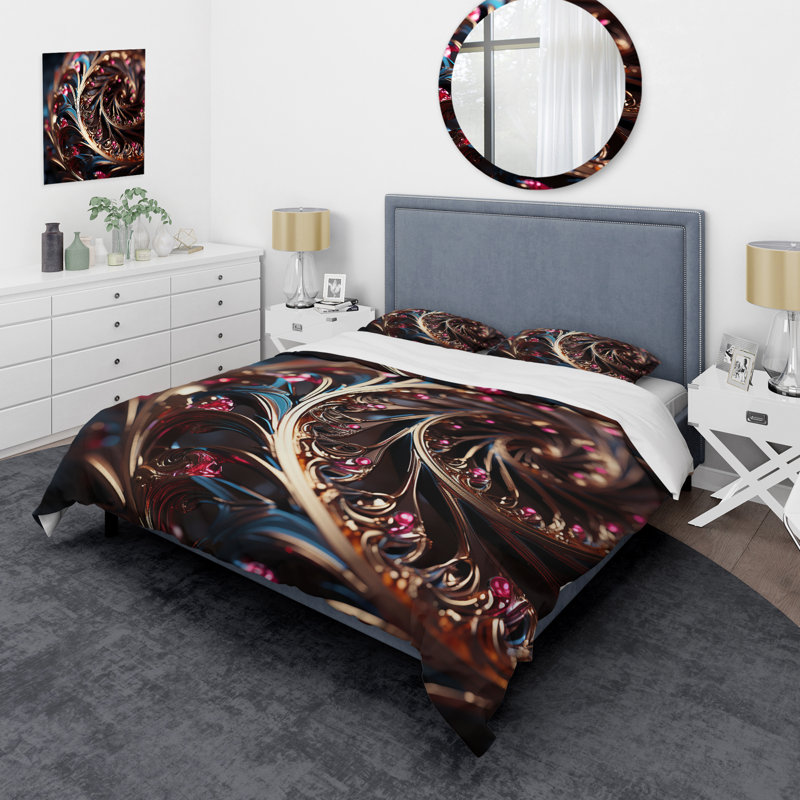 Ensemble de housse de couette spirale hypnotique dorée et rose I - spirales abstraites, Housse de couette pour grand lit