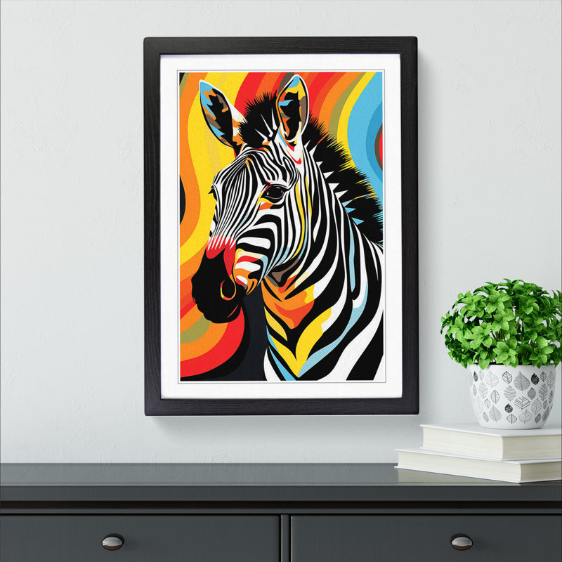 Zebra Art Deco - Single Picture Frame Print on Wood, 46cm H x 34cm W x 2cm D, Black