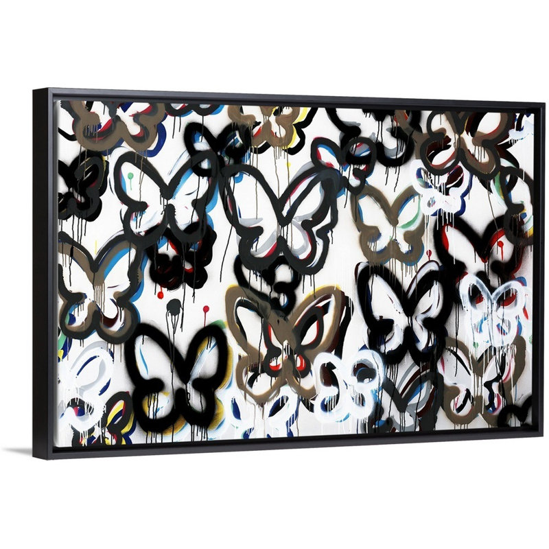 « papillon de fond ii », peinture sur toile, H 33,7 po x l 49,7 po x P 1,75 po, Cadre flottant noir