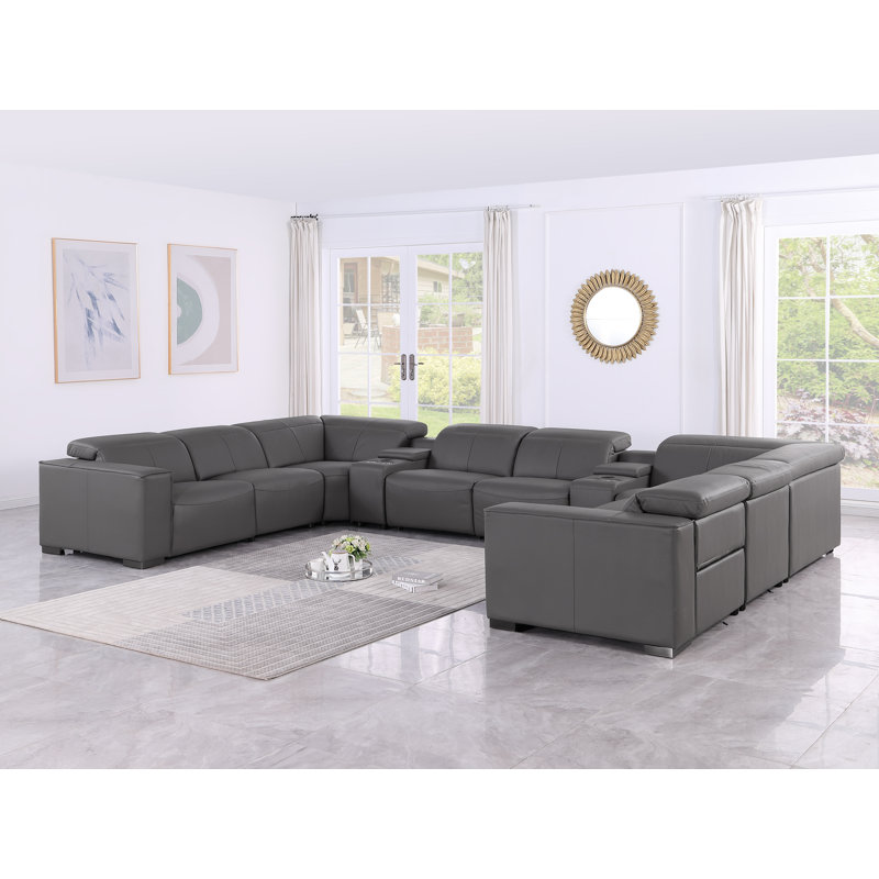 Pasadena Luxurious 10-Piece U-Sectional In Genuine Leather With 4 Power Recliners And Power Headrests, Gray