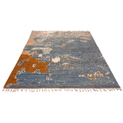 Handgefertigter Teppich Naema aus Wolle in Blau/Orange
