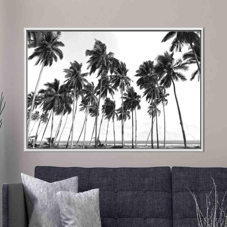 Black and White Palm Trees Landscape 3D Canvas Art - Handmade Modern Wall Decor Gift, 40 cm H x 60 cm W, White Floater Framed