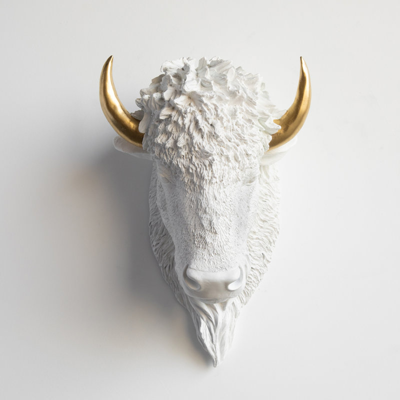 Faux Taxidermy Bison Head Wall Décor, White/Gold
