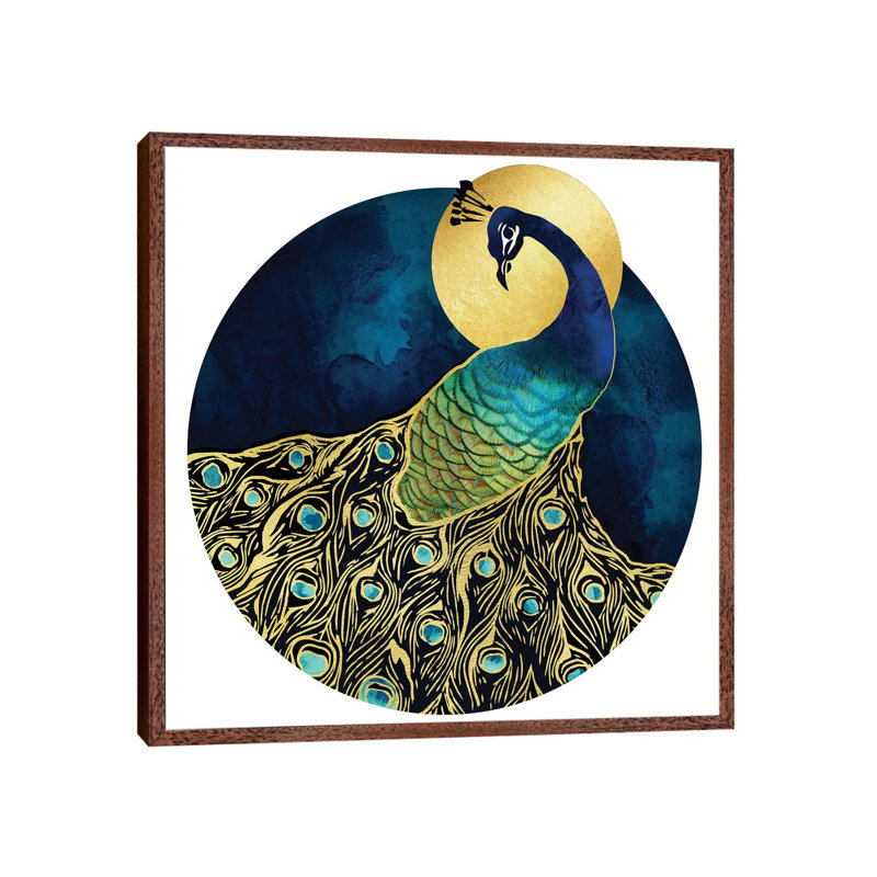 Golden Peacock - Print on Canvas, 45.72 cm H x 45.72 cm W, Classic Brown Wood Framed