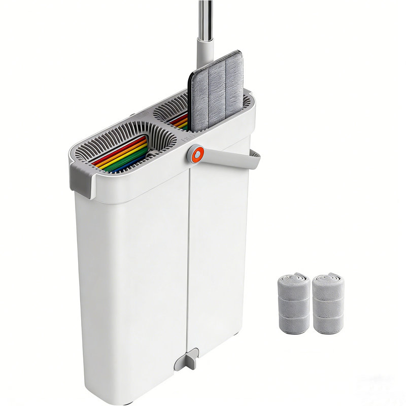 JOYBOS 61-inch Hands-Free Flat Mop with a Dual-Compartment Bucket for Dry and Wet use and 5 Fiber Cleaning Cloths