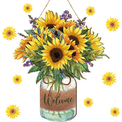 Sunflower Welcome Door Sign Wooden Wreath For Front Door, Farmhouse Hanging Wall Decor For Summer, Fall, Porch, Entryway, Indoor & Outdoor