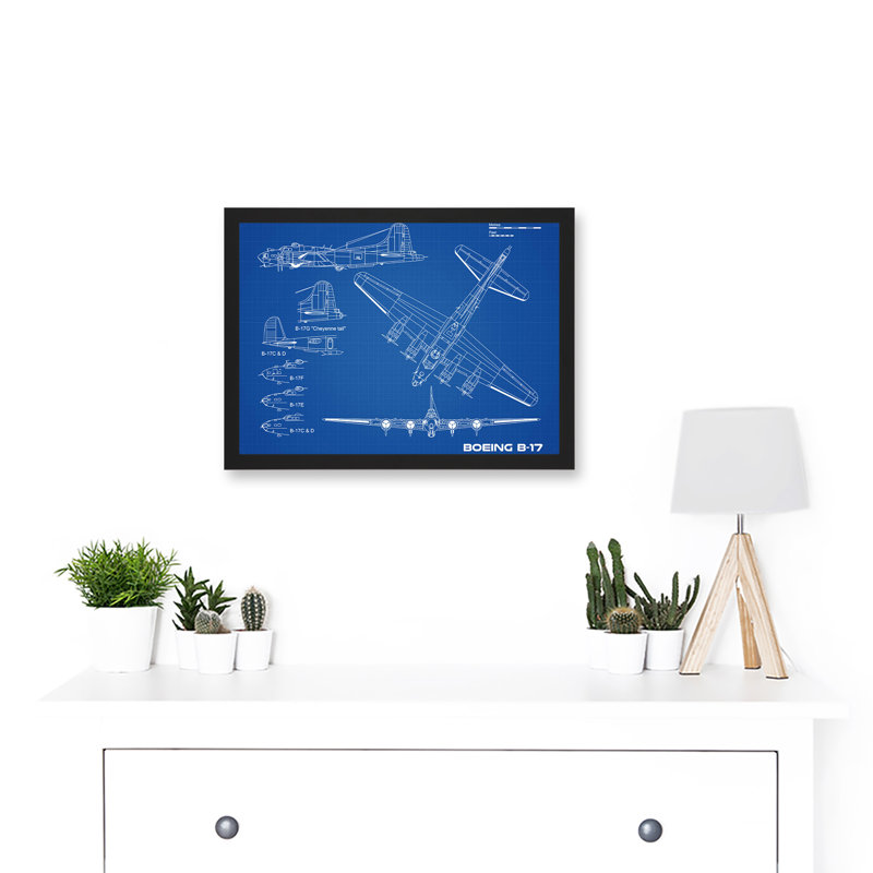 US Airforce Boeing B-17 Flying Fortress Plane Blueprint Plan - Single Picture Frame Print, 23.4cm H x 32.3cm W x 1.5cm D
