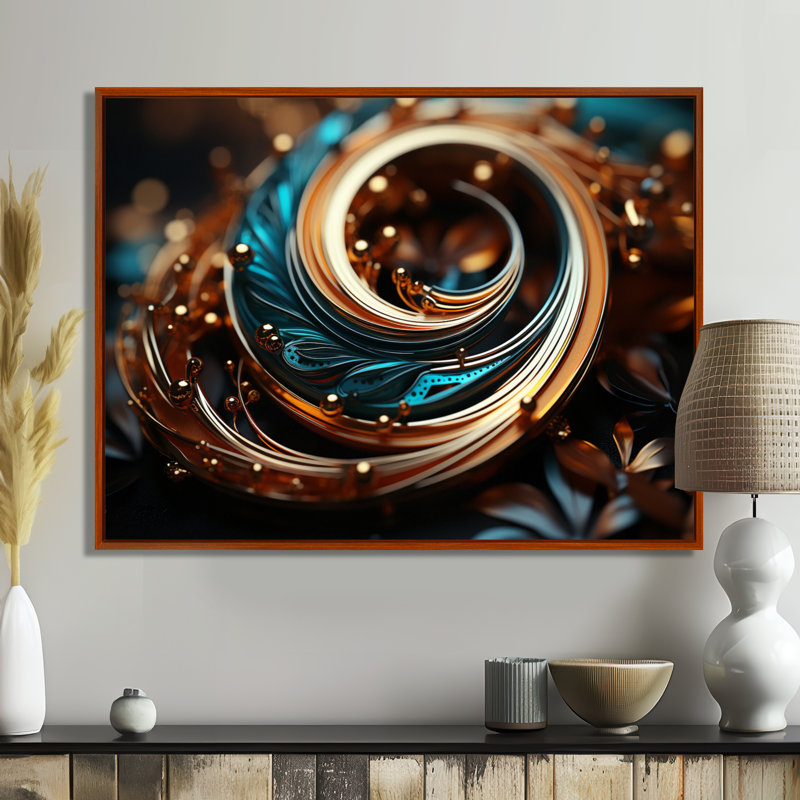Or turquoise harmonie ornementale - spirales abstraites, impression d'art mural, Toile avec cadre flottant brun