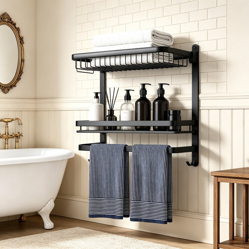 Towel Rack for Bathroom with Tier Shelf, Double Bar and Hooks, Foldable Top Design, Wall Mounted Stainless Steel Storage Organizer, Drill-Free or Screw Installation, Matte Black