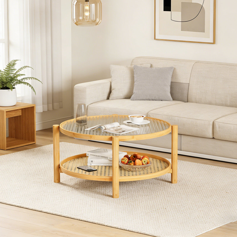 Table basse ronde en rotin 27 po, table basse en bambou à 2 niveaux avec plateau en verre 27 po