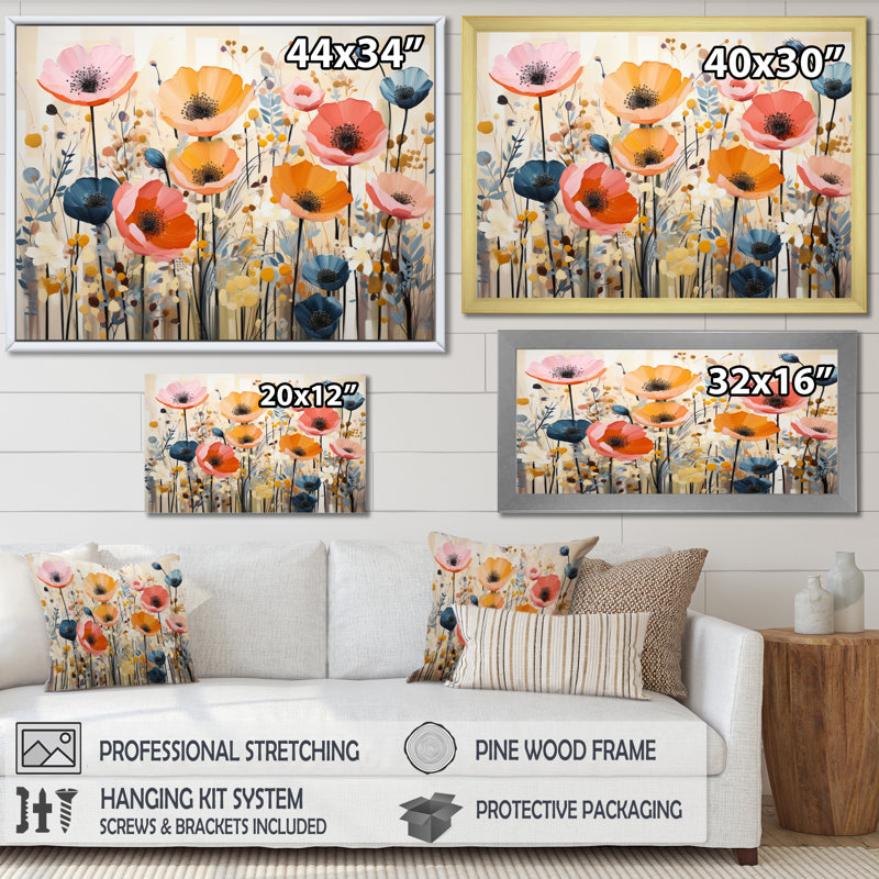 «Coral Orange Whimsical Botanical Wilds I - Abstract Botanicals», reproduction sur toile encadrée, Cadre simple noir