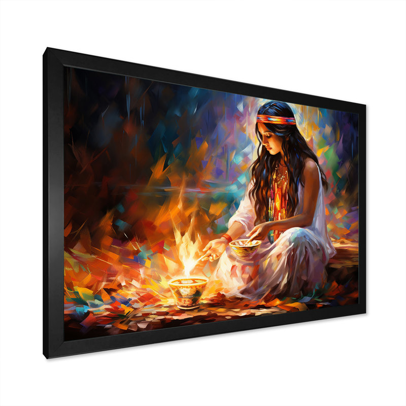 Décoration rituelle amérindienne I - décoration murale d'art amérindien, Cadre simple noir, H 30 po x l 40 po x P 1,5 po