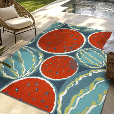 Collmar Chomp Red Blue Modern Watermelons Polypropylene Flatweave Indoor/ Outdoor All Weather Area Rug