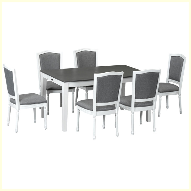 Ensemble de table de salle à manger extensible 78,1 pouces avec rallonge amovible 18 pouces Rustic, Gris foncé / Blanc, Gris
