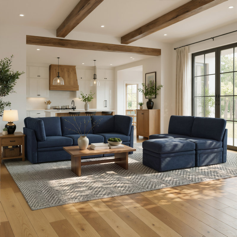 Canapé d'angle modulaire Serta® Brady 126,5 po, montage facile, confort des ressorts ensachés, pouf de rangement, tissu en velours côtelé, bleu marine