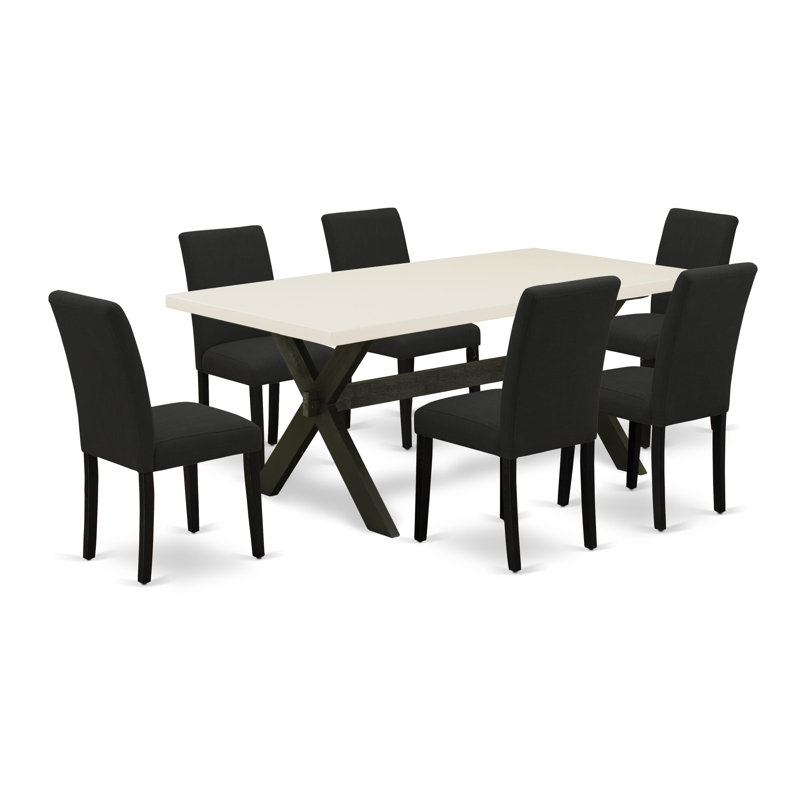 Ensemble de mobilier de salle à manger 7 pièces composé d'une table de salle à manger rectangulaire avec pieds en X et 6 chaises rembourrées en tissu de couleur noire, noir brossé