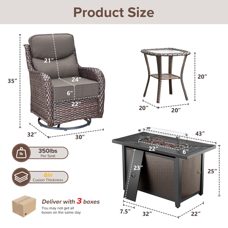 4 - Person Patio Furniture Chair Set With Fire Pit Table, 4 Swivel Glider Chairs With 6-Inch Cushions & Side Table, Brown
