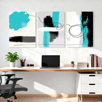 Ensemble de 3 tableaux turquoise, noirs et blancs abstraits avec des motifs de coups de pinceau, sur toile tendue, pour la décoration du salon, de la chambre et de la maison.