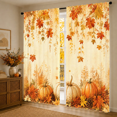 2Pcs Autumn Harvest Pumpkins Curtains, Light Filtering Fabric, Fall Maple Leaves and Pinecones Print, Rod Pocket Design, Privacy Protection, for Living Room, Bedroom, Kitchen Home Decor