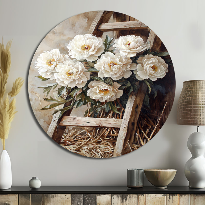Précie - pivoines, art mural rond en métal, H 29 po x l 29 po
