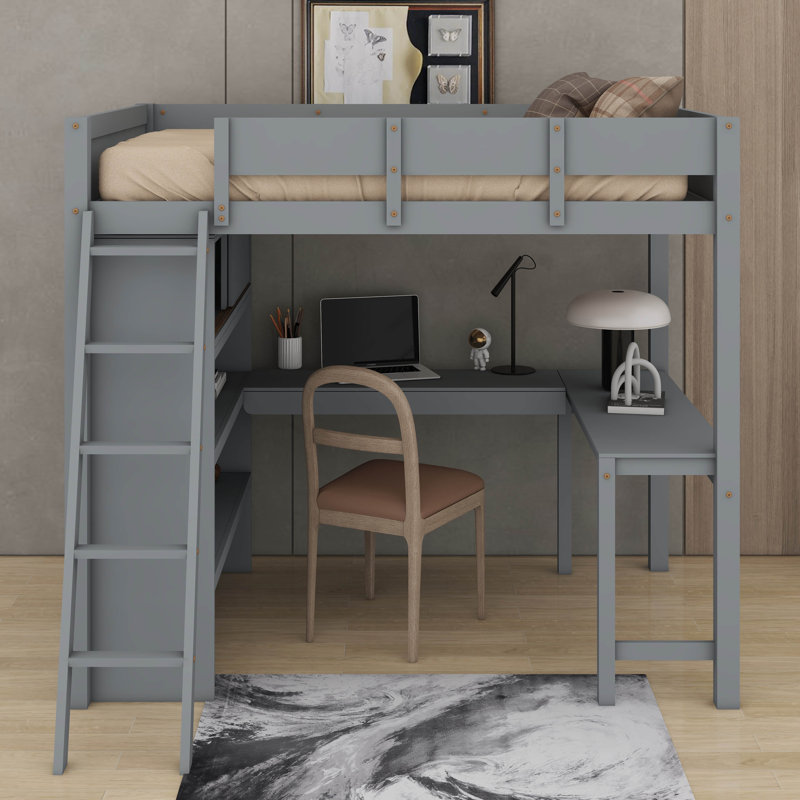 Lit mezzanine double avec bureau et tablettes, Grey