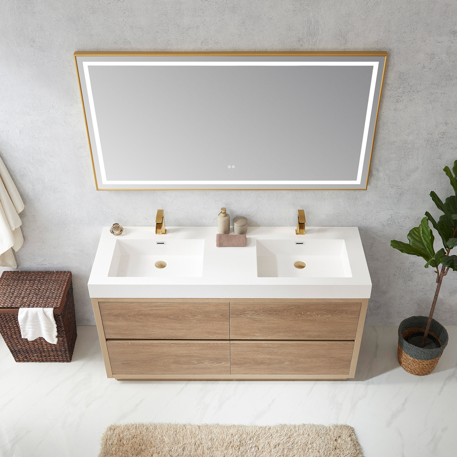 Beira 59.8'' Double Bathroom Vanity, North American Oak, White