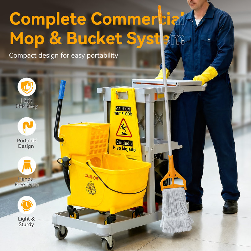 38 Qt Mop Bucket With Wringer On Wheels, Rolling Floor Cleaning Bucket Set With Cotton Mop & Mop Pad, Wet Floor Sign, Gloves