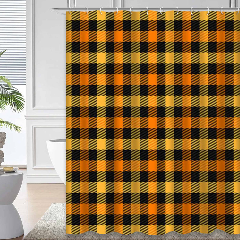 Rideau de douche orange, noir, tartan et écossais avec 12 crochets, L 72 po x l 78 po