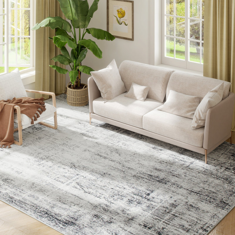 Tapis lavable moderne abstrait pour salon, gris, Rectangle 9 pi x 12 pi