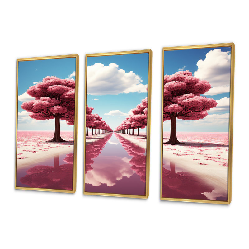 «Pink Tree Path Universe In Parallel - Science Fiction», art mural, Cadre flottant doré, H 32 po x l 48 po x P 1 po
