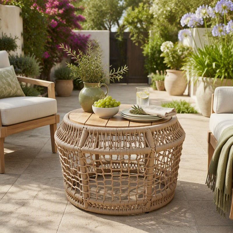 Table d'appoint ronde en bois d'acacia avec structure en corde tressée beige pâle, aucun assemblage requis, table d'appoint résistante aux intempéries pour patio et salon