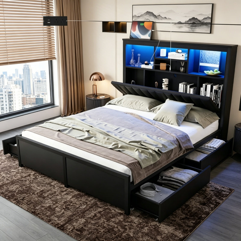 King Bed Frame With High Storage Headboard, LED Light, Charging Station, And 4 Drawers, No Box Spring Needed, Noise-Free, All-Metal Support, Black