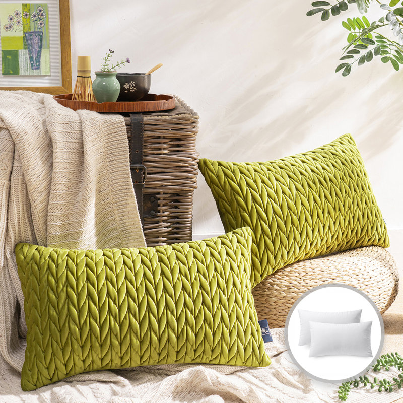 Velvet Quilted Throw Pillows, Braided Textured Decorative Cushion, Green, Rectangle 12"H x 20"W