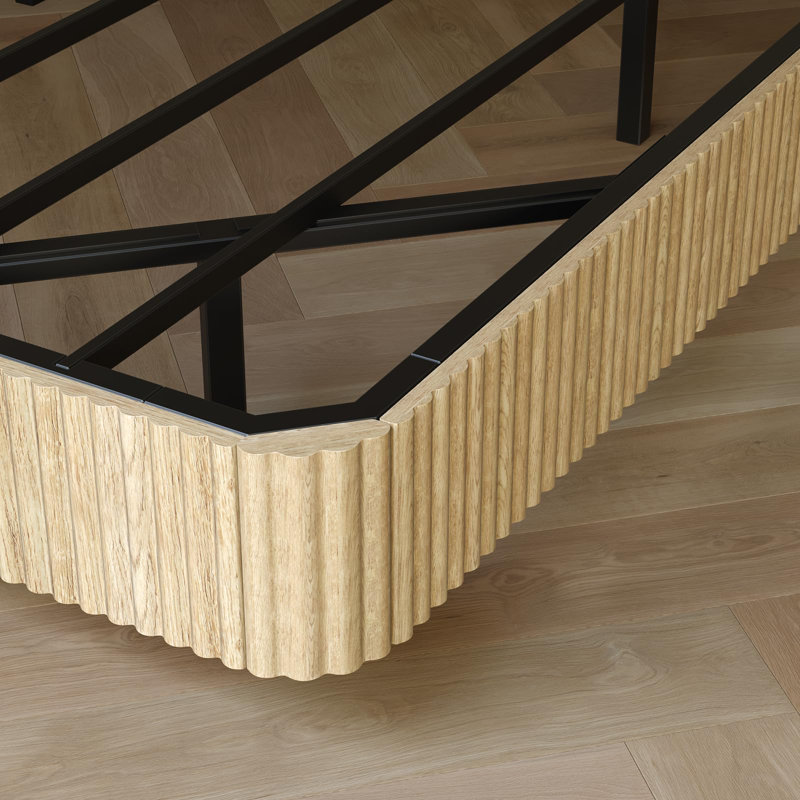 Queen Floating Bed Frame With Led Lights, Modern Fluted Floating Bedframe With Metal Slats, Ivory