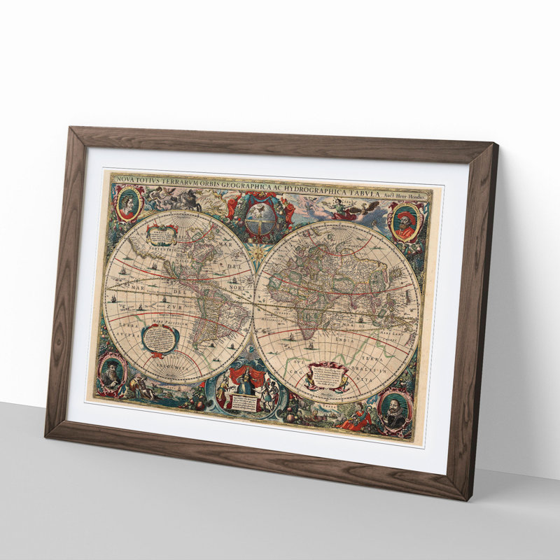 Vintage World Map Vol.1 by Henricus Hondius Ii - Picture Frame Painting, Walnut, 48cm H x 65cm W x 2cm D