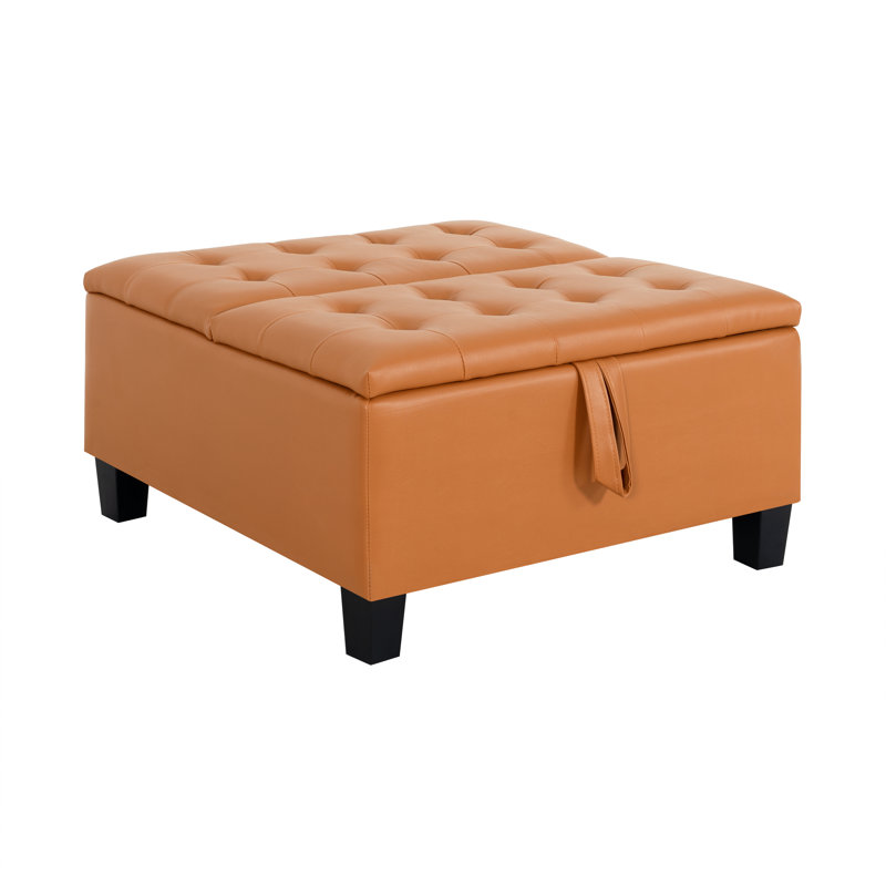 Ciara 35.43" Wide Button Tufted Square Storage Ottoman Upholstered Lift Top Large Ottoman Coffee Table, Caramel Faux Leather