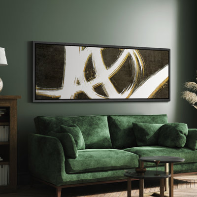 «Grunge Abstract Paint Stroke Effect Mid Mid Century Shape Abstract Gold and White Swirls», reproduction encadrée sur toile
