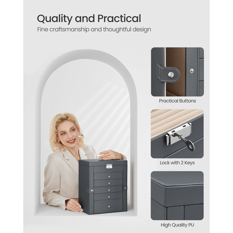 Jewellery Box 6 Tiers with 5 Drawers, Large Storage Capacity, Grey