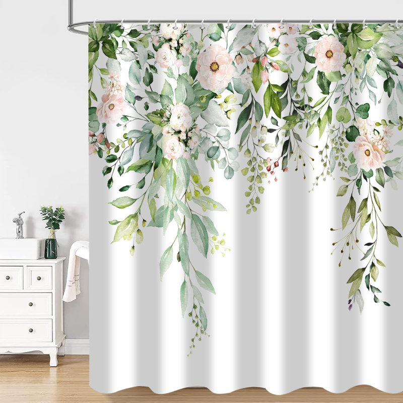 1PC Sage Green-Floral Leaf Plant Waterproof Bathtub Curtains with Hooks, 182.88cm H x 182.88cm W