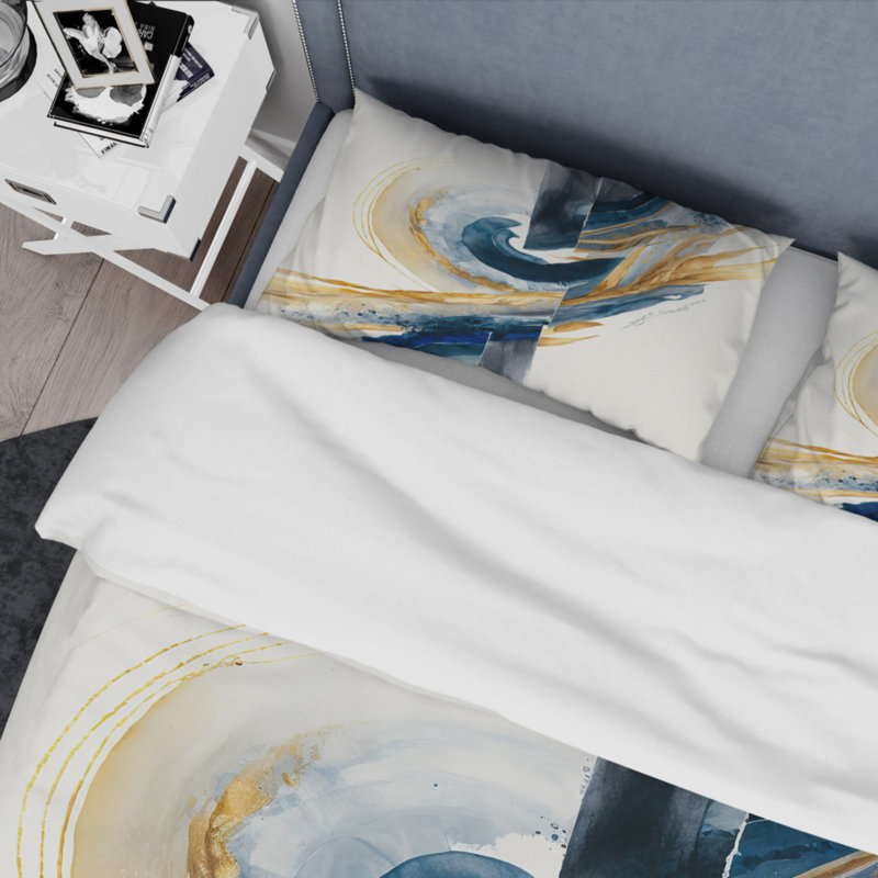 Bleu et or tourbillon abstrait V - ensemble de housse de couette spirale moderne - polyester microfibre